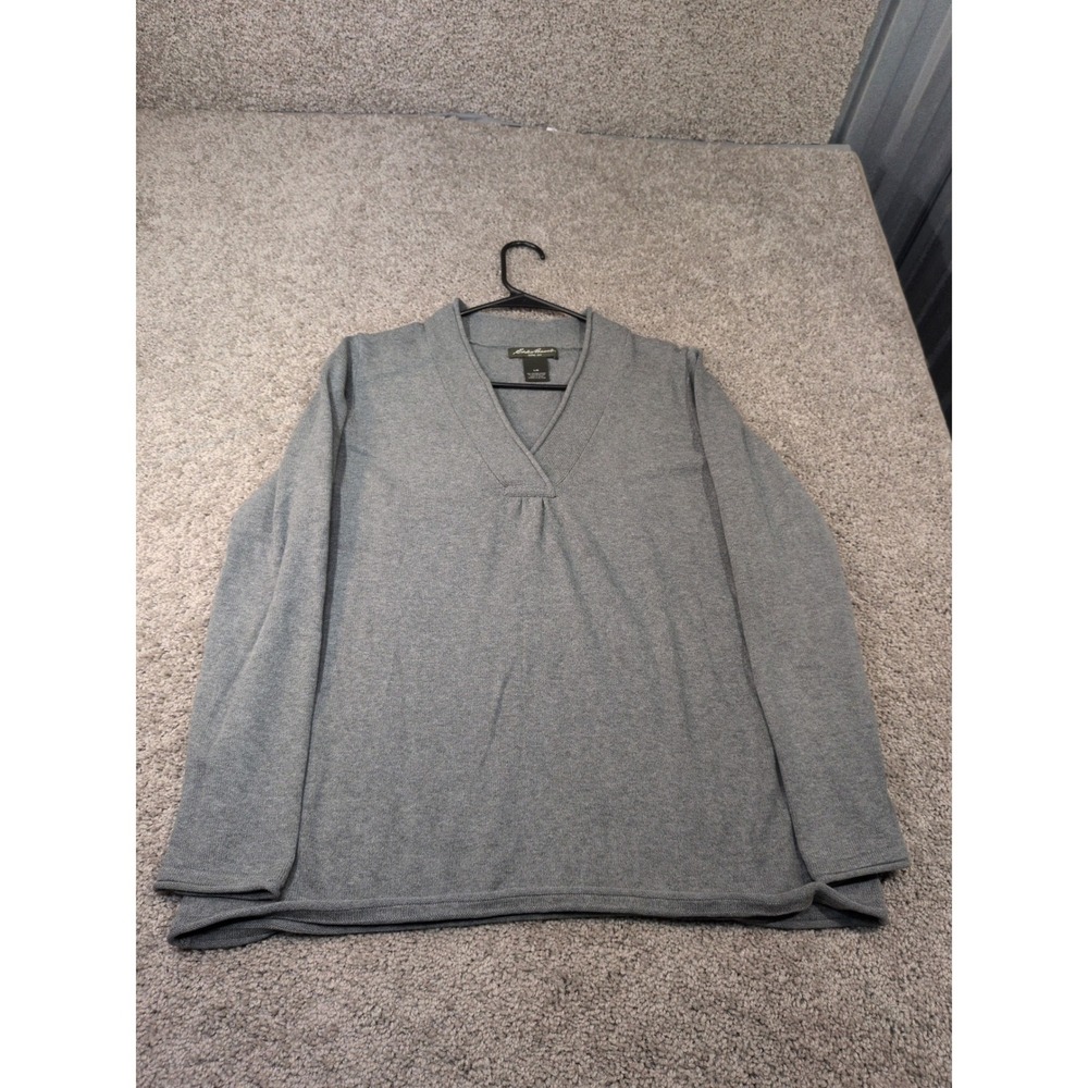 Eddie Bauer Gray V-Neck Gathered Pullover Sweater Cotton Blend Womens Large L